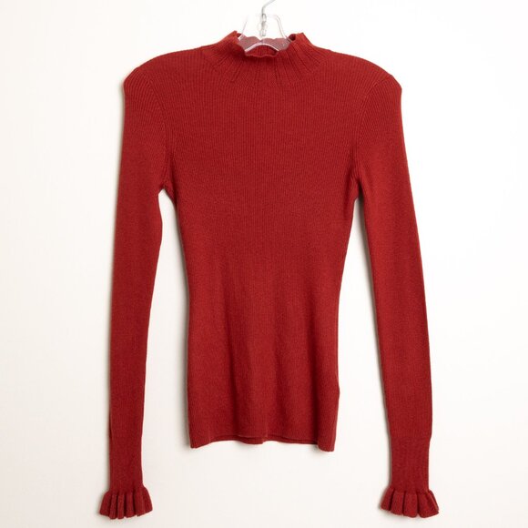 Ted Baker Scalloped Mock Neck Sweater Ruffle Cuff Albaai Red Rust Size 1 - Picture 2 of 10